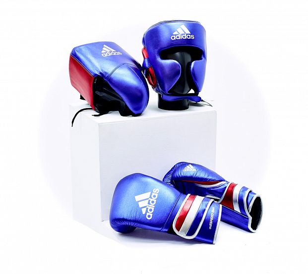 Перчатки боксерские AdiSpeed Metallic сине-красно-серебристые фото 17